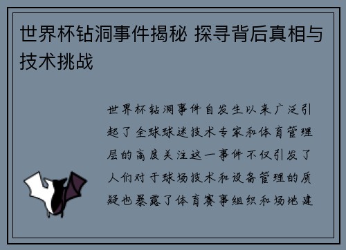 世界杯钻洞事件揭秘 探寻背后真相与技术挑战